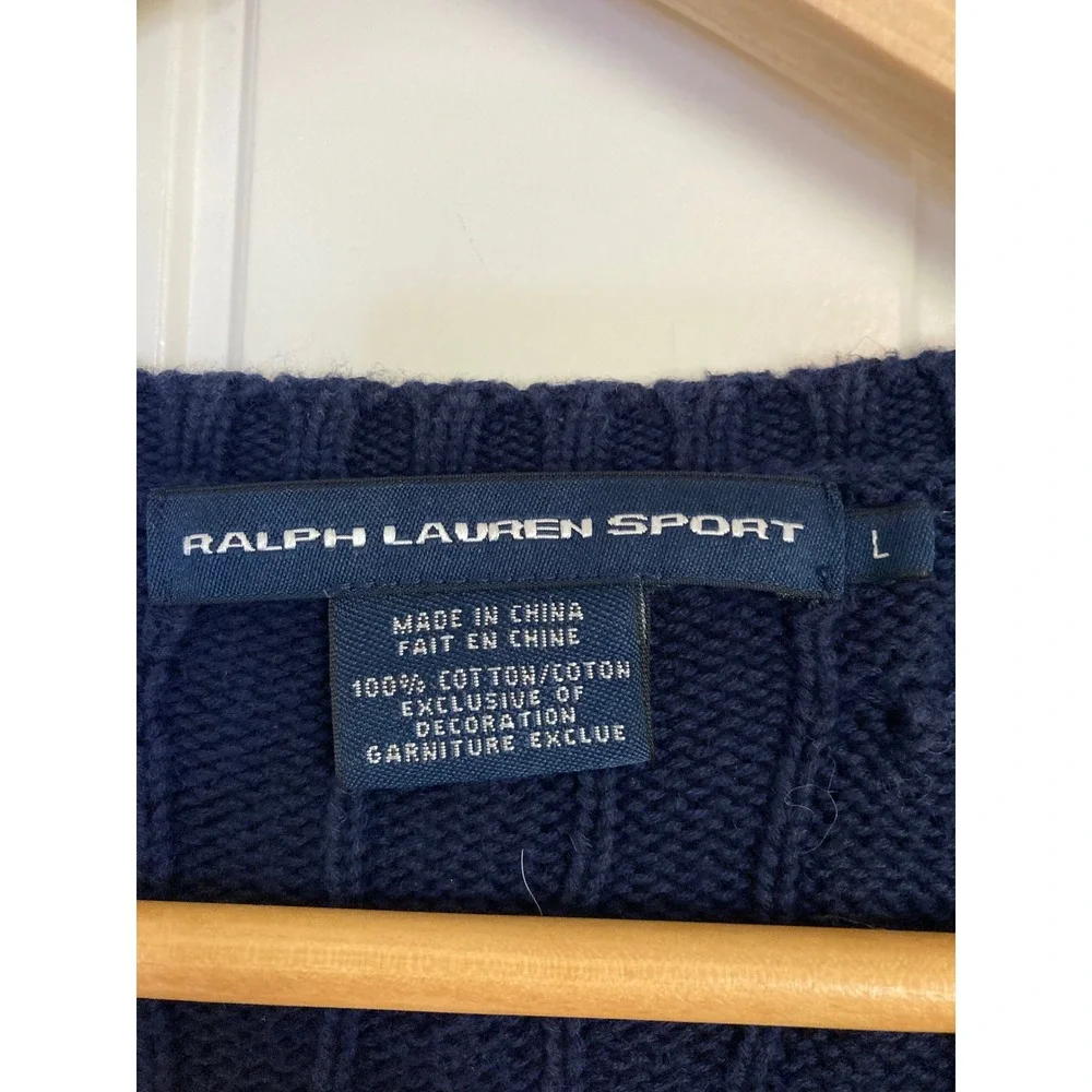 Ralph Lauren Sport Navy Blue Cable Knit V-Neck Cotton Sweater Pink Pony Large